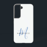 Coque Samsung Galaxy Élégant Monogramme moderne bleu blanc<br><div class="desc">Élégante Boîtier de téléphone Monogramme moderne bleu blanc. Un élégant monogramme de script bleu combiné à une police de caractères noir propre san-serif donne un look contemporain.</div>