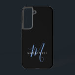 Coque Samsung Galaxy Élégant Monogramme moderne noir noir<br><div class="desc">Élégant Noir Bleu Script Monogramme Téléphone Boîtier. Un élégant monogramme de script bleu combiné à une police blanche de san-serif propre donne un look contemporain.</div>