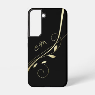 Coque Samsung Galaxy Élégant Monogramme Noir Tourbillon de Feuille d'Or