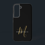 Coque Samsung Galaxy Élégant Noir Moderne Script Monogramme<br><div class="desc">Élégant Noir Noir Script Monogramme Téléphone Boîtier. Un élégant monogramme en or combiné à une police blanche de san-serif,  donne un aspect contemporain.</div>