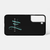 Coque Samsung Galaxy Élégant Noir Turquoise Script Monogramme moderne (Verso Horizontal)
