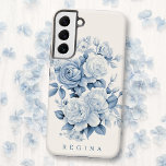 Coque Samsung Galaxy Elégant Pastel Blue Watercolor Roses Personnalisé<br><div class="desc">Roses,  fleurs et feuillage bleu et blanc pâle sur arrière - plan blanc ancien avec champ de texte pour votre nom,  initiales ou monogramme.</div>