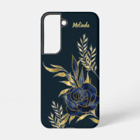 Élégant Rose bleu marine Feuilles or Monogramme
