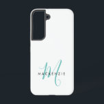 Coque Samsung Galaxy Élégant Turquoise de script blanc moderne Monogram<br><div class="desc">Élégant Turquoise de script blanc  Monogramme Téléphone Boîtier. Un élégant monogramme de script turquoise combiné à une police san-serif noire propre donne un look contemporain.</div>