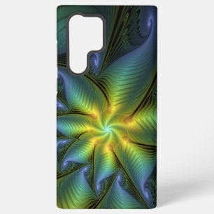 Coque Samsung Galaxy Étoile abstraite, art fractal doré bleu vert brill