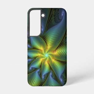 Coque Samsung Galaxy Étoile abstraite, art fractal doré bleu vert brill