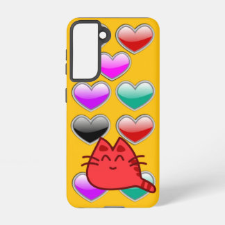Coque Samsung Galaxy Étui Galaxy Orange Clair – Motif Chat Rouge & Cœur