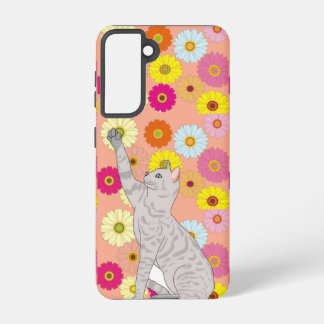 Coque Samsung Galaxy Étui Samsung Galaxy Chat Gris Attrapant des Fleurs