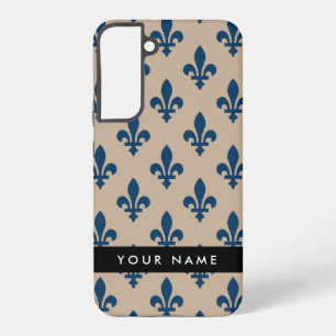 Coque Samsung Galaxy Fleur de Lis, Bleu Marine sur Beige, Royal, Votre