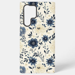 Coque Samsung Galaxy Fleurs de l'art populaire vintage bleu marine beig