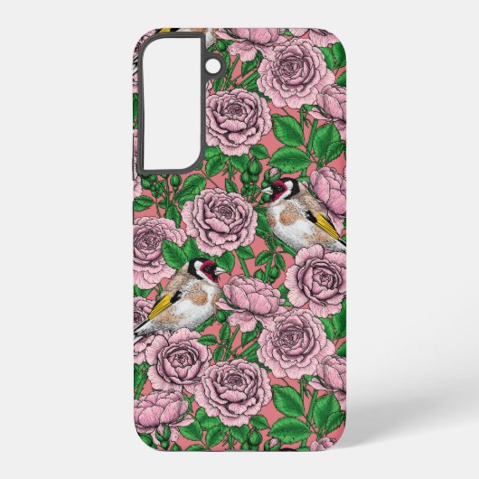 Coque Samsung Galaxy Fleurs roses roses et oiseaux dorés (Verso)