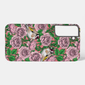 Coque Samsung Galaxy Fleurs roses roses et oiseaux dorés (Verso Horizontal)