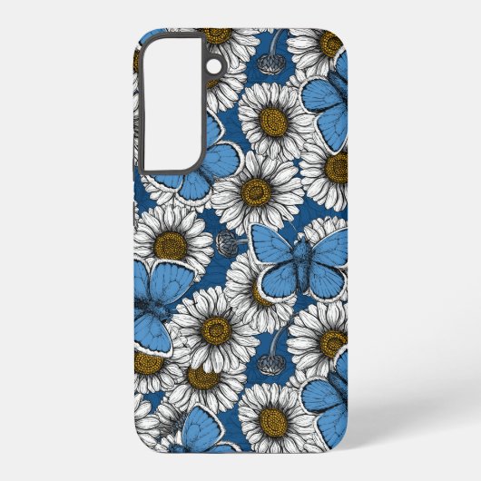 Coque Samsung Galaxy Fleurs sauvages blanches et papillons bleus (Verso)