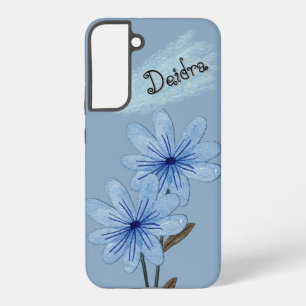 Coque Samsung Galaxy Fleurs sauvages bleues à l'aquarelle avec nom au c