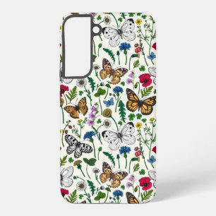 Coque Samsung Galaxy Fleurs sauvages et papillons sur fond blanc