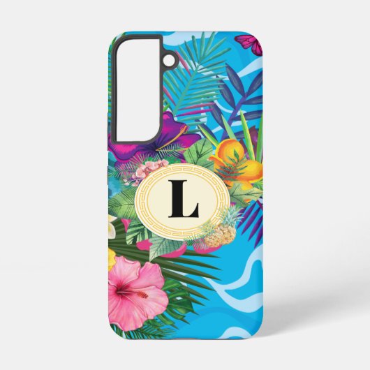 Coque Samsung Galaxy Fleurs Tropicales Hawaiiennes Et Papillons Monogra (Verso)