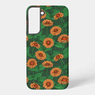 Coque Samsung Galaxy Fleurs Zinnia orange, feuilles verts sur vert fonc