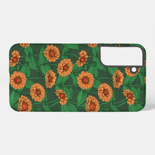 Coque Samsung Galaxy Fleurs Zinnia orange, feuilles verts sur vert fonc (Verso Horizontal)
