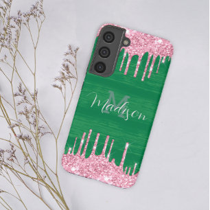 Coque Samsung Galaxy Girly Glitter Rose Vert Drip Monogramme Ajouter No
