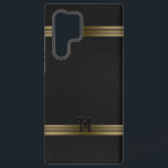 Coque Samsung Galaxy Grilles d'or en cuir Vintage noir<br><div class="desc">Image d'un arrière - plan vintage en cuir noir avec des rayures dorées. Monogramme facultatif.</div>