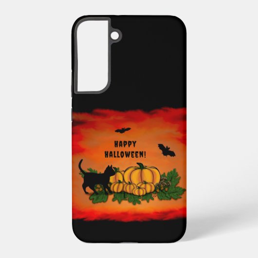 Coque Samsung Galaxy Halloween heureux, Chat noir, Chat et Citrouille (Verso)