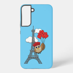 Coque Samsung Galaxy Hibou volant avec des ballons de coeur à Paris