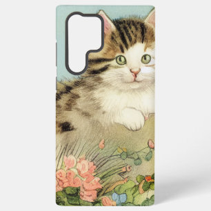 Coque Samsung Galaxy Illustration de chat vintage avec des fleurs roses