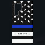 Coque Samsung Galaxy Indicateur de police de nom personnalisé<br><div class="desc">Un nom personnalisé drapeau de police Galaxy S22 Ultra Coque. Il est doté d'une fine ligne bleue recadrée sur le thème de la police drapeau américain. Entre les lignes est un endroit pour votre nom ou le nom de votre destinataire. Audacieux et dynamique, et une façon de montrer votre amour...</div>