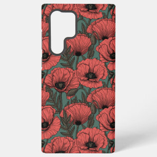 Coque Samsung Galaxy Jardin de pavots en corail, marron et vert pin