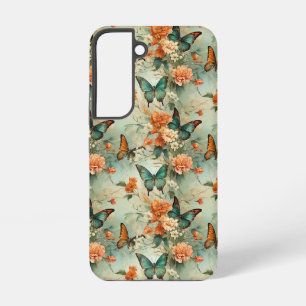 Coque Samsung Galaxy Jardin floral papillon sarcelle vintage orange