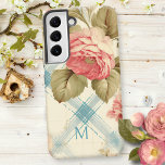 Coque Samsung Galaxy Jolie ferme Monogramme Rustique Roses Rose<br><div class="desc">Très joli style rustique/ferme/cottage avec roses roses roses,  feuillage vert sauge et bandes d'aquarelle bleu turquoise poussiéreux sur arrière - plan jaune pastel/buff. Inclut le champ de texte pour votre nom,  initiale ou monogramme.</div>