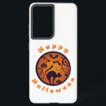 Coque Samsung Galaxy Joyeuse lanterne d'Halloween araignées et chauves-<br><div class="desc">Happy Halloween badge cercle avec jack-o'-lantern chat noir et la typographie des chauves-souris</div>