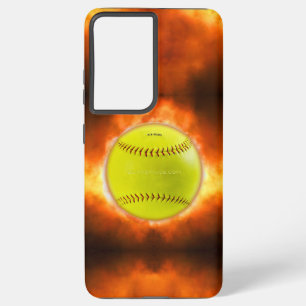 Coque Samsung Galaxy Les flammes de balle rapide de softball jaune de S