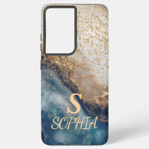 Coque Samsung Galaxy marbre bleu chic monogramme paillettes dorées