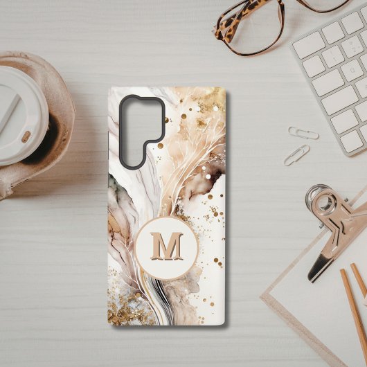 Coque Samsung Galaxy Marbre Brun Or Monogram Luxe Design Abstrait