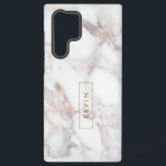 Coque Samsung Galaxy Marbre moderne blanc et Rose-or Faux<br><div class="desc">Élégant imprimé en pierre de marbre blanc et rose-or,  avec monogramme encadré.</div>
