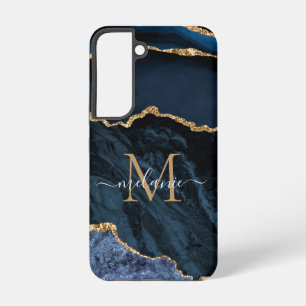 Coque Samsung Galaxy Marbre Monogramme Personnalisé Nom Bleu Nuit Paill