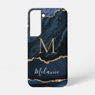 Coque Samsung Galaxy Marbre Pailleté Or Bleu Nom et Lettre Personnalisé