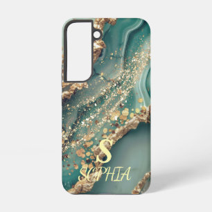 Coque Samsung Galaxy Marbre vert chic monogramme paillettes dorées