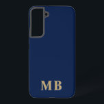 Coque Samsung Galaxy Marine et Or | Monogramme initial moderne minimal<br><div class="desc">Ce design élégant de boîtier téléphonique présente un design moderne simple en bleu marine et or. Faites l'un d'un étui téléphonique simple avec des initiales et un nom personnalisés. Ce sera un cadeau unique et cool pour quelqu'un de spécial ou vous-même. Si vous souhaitez modifier les polices ou la position,...</div>