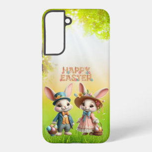 Coque Samsung Galaxy Mignonne, Whimsical Joyeuse Pâques avec 2 lapins