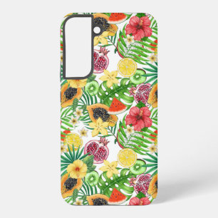 Coque Samsung Galaxy Mix-fruit tropical, fleurs et feuilles sur blanc