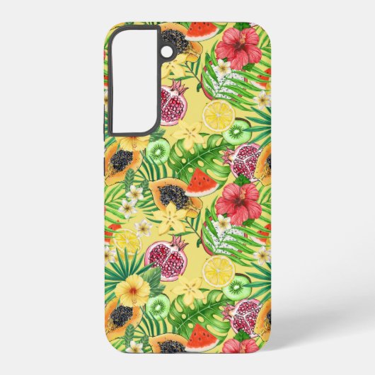 Coque Samsung Galaxy Mix-fruit tropical, fleurs et feuilles sur jaune (Verso)