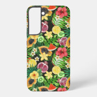 Mix-fruits tropicaux, fleurs et feuilles en noir