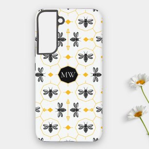 Coque Samsung Galaxy Moderne Abeille Monogrammée Noir Jaune Nid d'Abeil