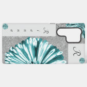 Coque Samsung Galaxy Moderne Élégant Marbré Diamant Fleur Turquoise (Verso Horizontal)