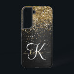 Coque Samsung Galaxy Monogramme à étincelle noire à Parties scintillant<br><div class="desc">Personnalisez facilement ce design élégant et branché de boîtier de téléphone avec une jolie parties scintillant dorée brillante sur un arrière - plan métallique brossé noir.</div>
