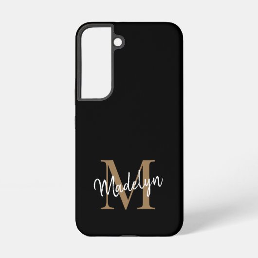 Coque Samsung Galaxy Monogramme d'or noir moderne Nom du script féminin (Verso)