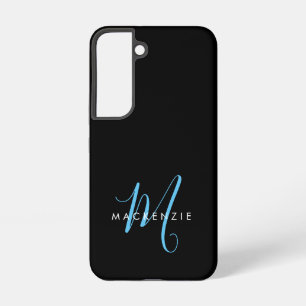 Coque Samsung Galaxy Monogramme élégant moderne noir bleu ciel écriture