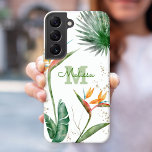 Coque Samsung Galaxy Monogramme floral de l'île tropicale Or blanc<br><div class="desc">Étonnant, sophistiqué, coloré, oiseaux d'aquarelle tropicale de fleurs de paradis, fausse parties scintillant d'or, et script de calligraphie personnalisée avec un original monogramme audacieux, superposent un arrière - plan blanc élégant et aéré sur ce boîtier de téléphone portable chic, élégant et moderne. Personnalisez avec votre nom et votre monogramme. Fait...</div>